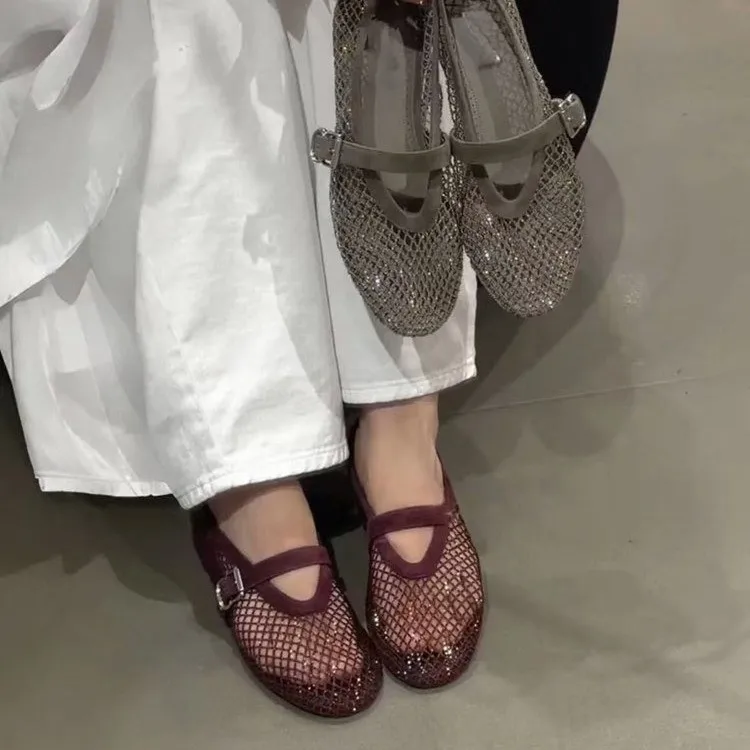 2026 New Summer Model Fishnet Rhinestone Ballet Flat Mary Jane Women's Claret Fashion Shoes with Hollowed-Out Strap