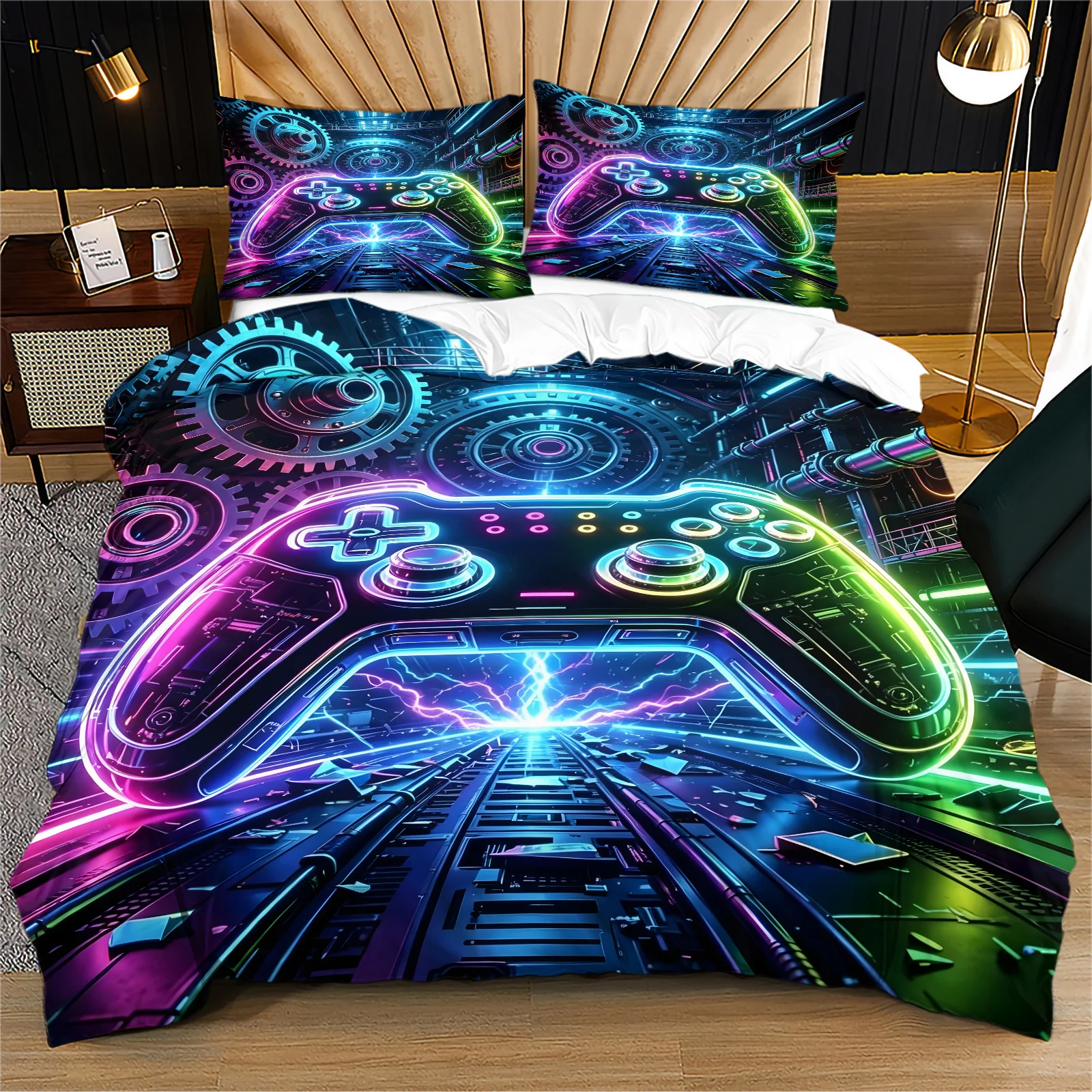 Neon Game Controller Duvet Cover Set Gamer Bedding Set Cyberpunk Gaming Gamepad Print Microfiber Quilt Cover with Pillowcase