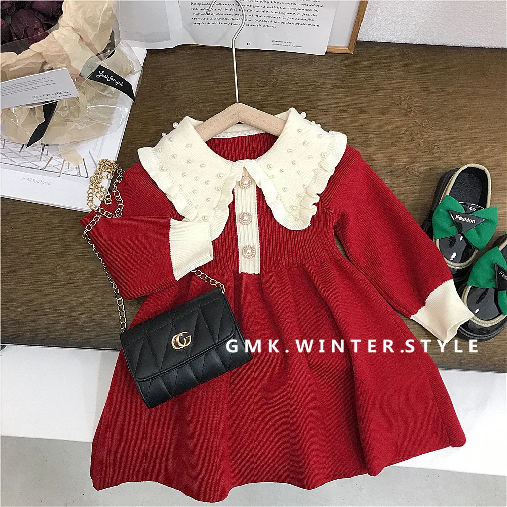 Girls Autumn Dress 2024 New Childrens Knitted Woolen Dress Childrens Baby Princess Dress Kids Clothes