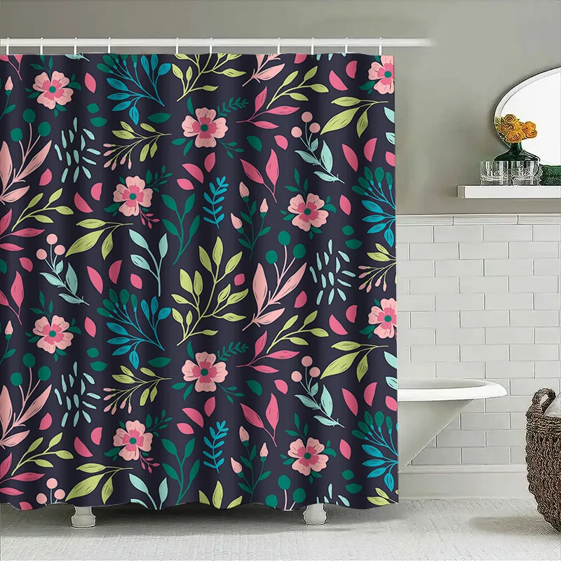 مجموعة ستائر الدش الزهرية متعددة الألوان لديكور حمام الزهور للديكور المنزلي لون أزرق داكن مع طباعة زهور وردية على القماش 72 #4