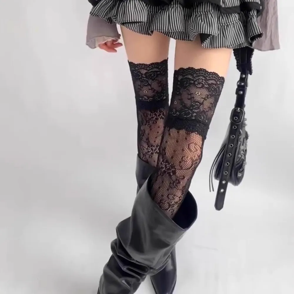 Elegant Floral Lace Trim Stockings Elastic Breathable Fishnet Stockings Mesh Thin Thigh High Long Socks Party
