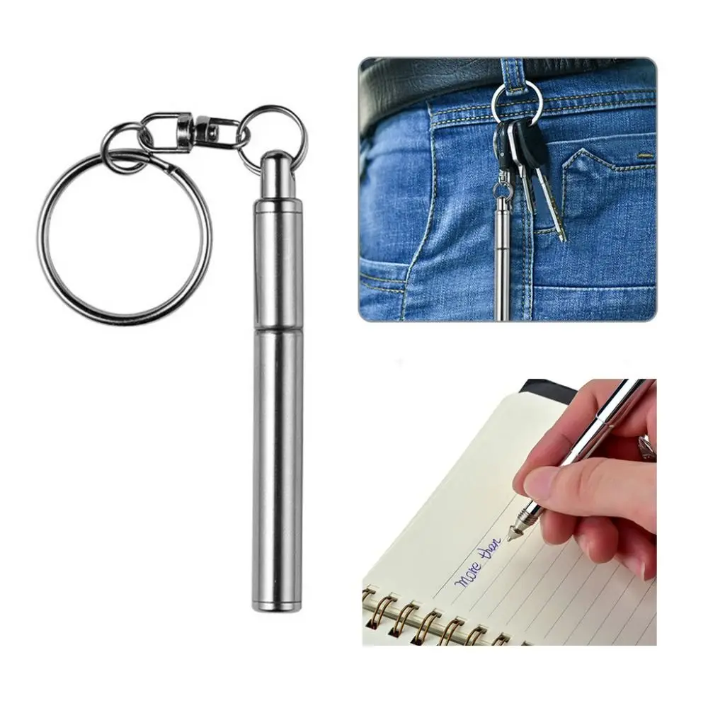 Portable Stainless Steel Key Ring Silver Bold Ballpoint Pen Telescoping Telescoping Pen Students Gift