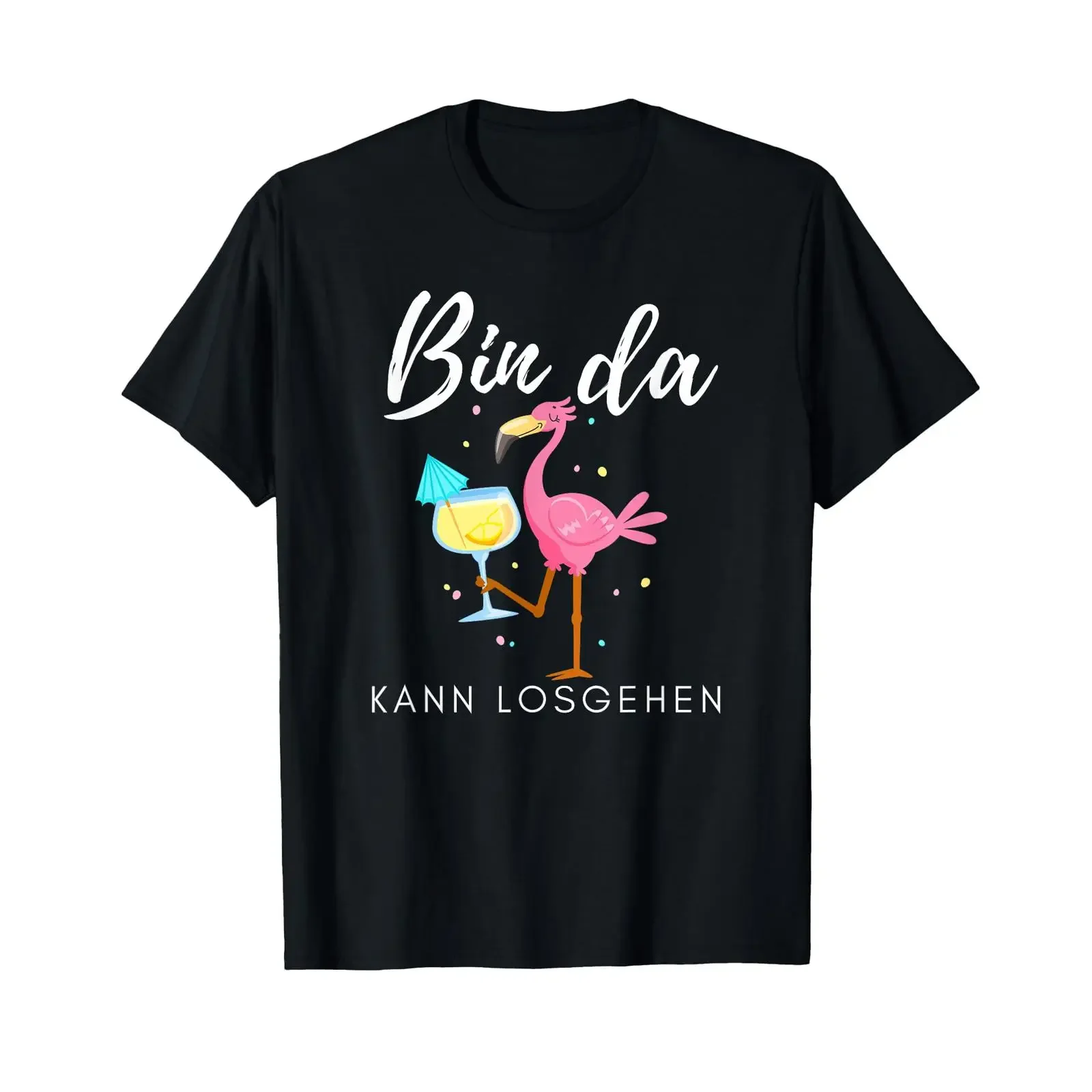 Camiseta con texto en alemán: «Bin da kann losgehen», diseño de flamenco con espumoso, color negro, estilo vintage, tejido elástico, ideal para el uso diario y para combinar con diferentes prendas.