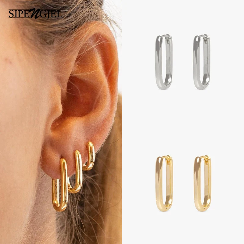 SIPENGJEL Simple Square Circle Hoop Earrings for Women Rectangle Geometric Elegant Ear Buckle Earrings Wedding Jewelry