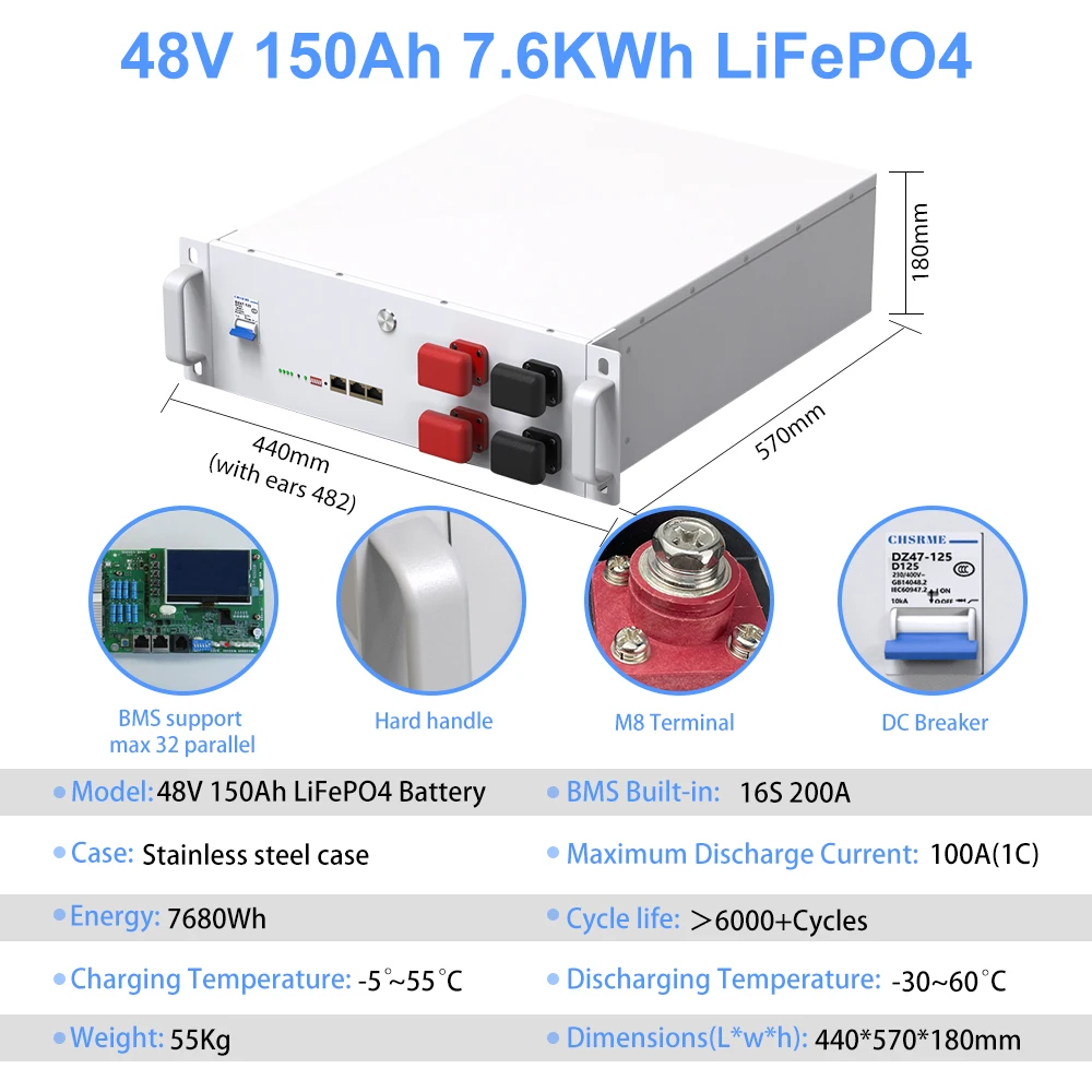 LiFePO4 48V 150Ah 7.6KW Lithium Battery Bluetooth 51.2V 100Ah 200Ah 6000+Cycles 32 Parallel CAN/RS485 EU UKR Fast delivery