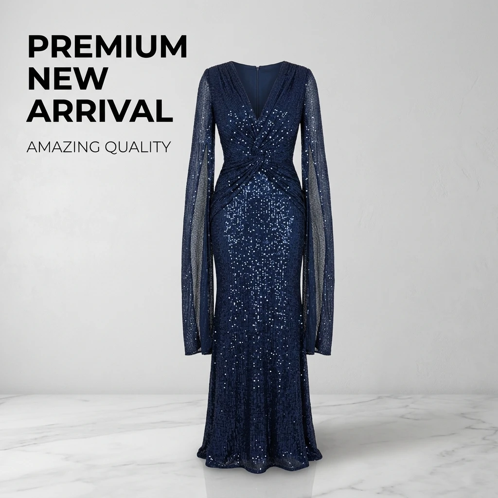 Sequin Maxi Dress Women V-Neck Split Long Sleeve Shimmering Evening Party Gown