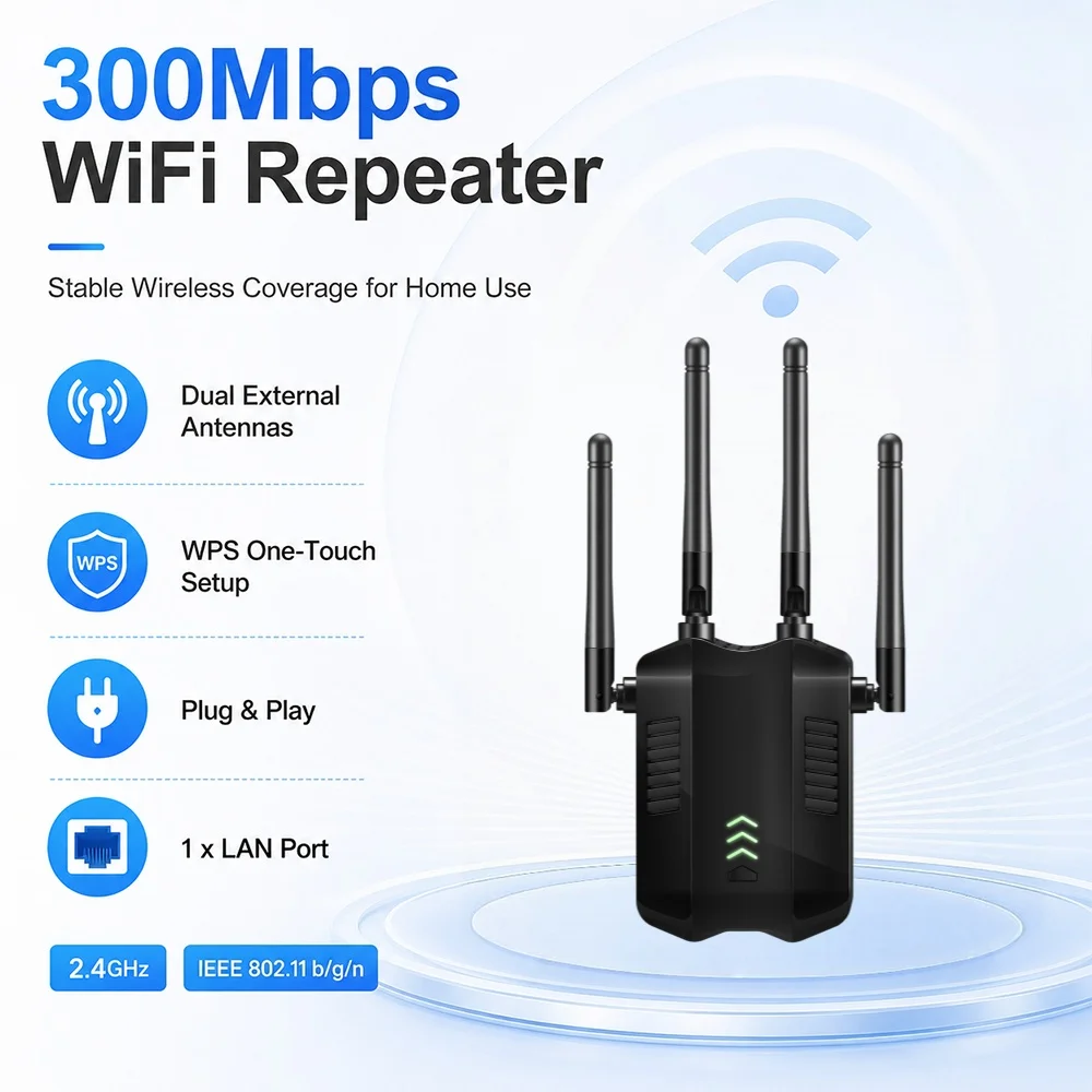 Wireless WiFi Repeater 300Mbps WiFi Signal Repeater Single-Band 2.4GHZ WiFi Extender Antenna Network Amplifier WPS