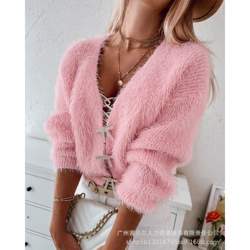 Knitted Cardigan for Women Solid Color Y2K Bow Drill Buckle Sweater Cardigan Long Sleeve Mink Short Knitted Cardigan