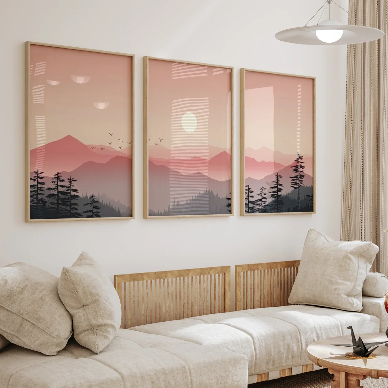 3PCS Pink Sunrise Landscape Poster Abstract Wall Art Mood Enhancing and Refreshing Gallery Canvas Painting Birds At Pink Sunr