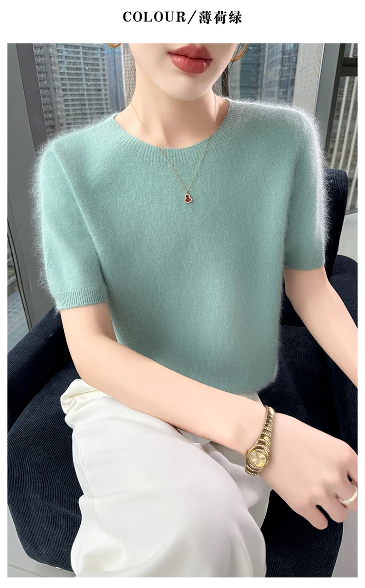 Neuer gestrickter Damen-Pullover aus 100 % Nerz-Kaschmir mit kurzen Ärmeln, einfacher und vielseitiger Damen-Pullover mit O-Ausschnitt der Marke FRSEUCAG – Detail 16