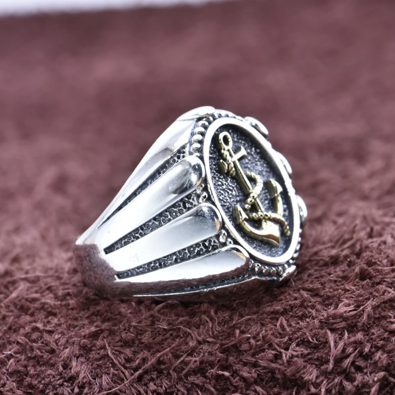 BOCAI S925 Sterling Silver Rings for Women New Fashion Relief Ship's Anchor Pattern Military Style Punk Jewelry Free Shipping