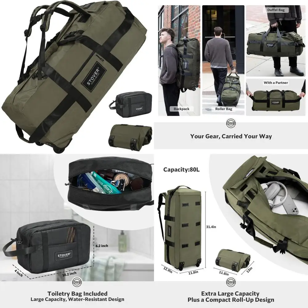 Large Rolling Duffle Bag with Wheels, Durable Travel Duffel + Toiletry Set, Packable, Heavy Duty, Adjustable Shoulder Straps - U