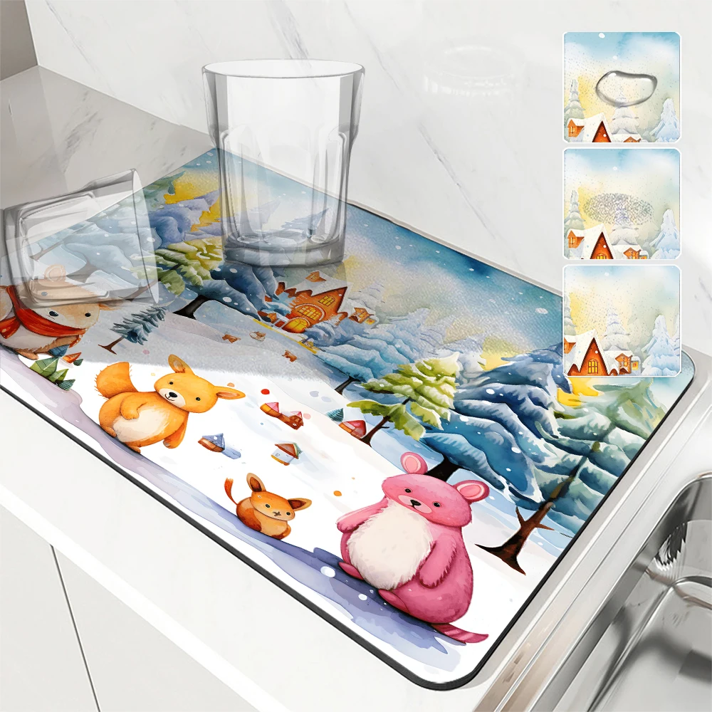 Absorbent Mat Cartoon Watercolor Christmas Animals Kitchen Antiskid Drying Mat Quick Dry Bathroom Drain Pad Tableware Mat