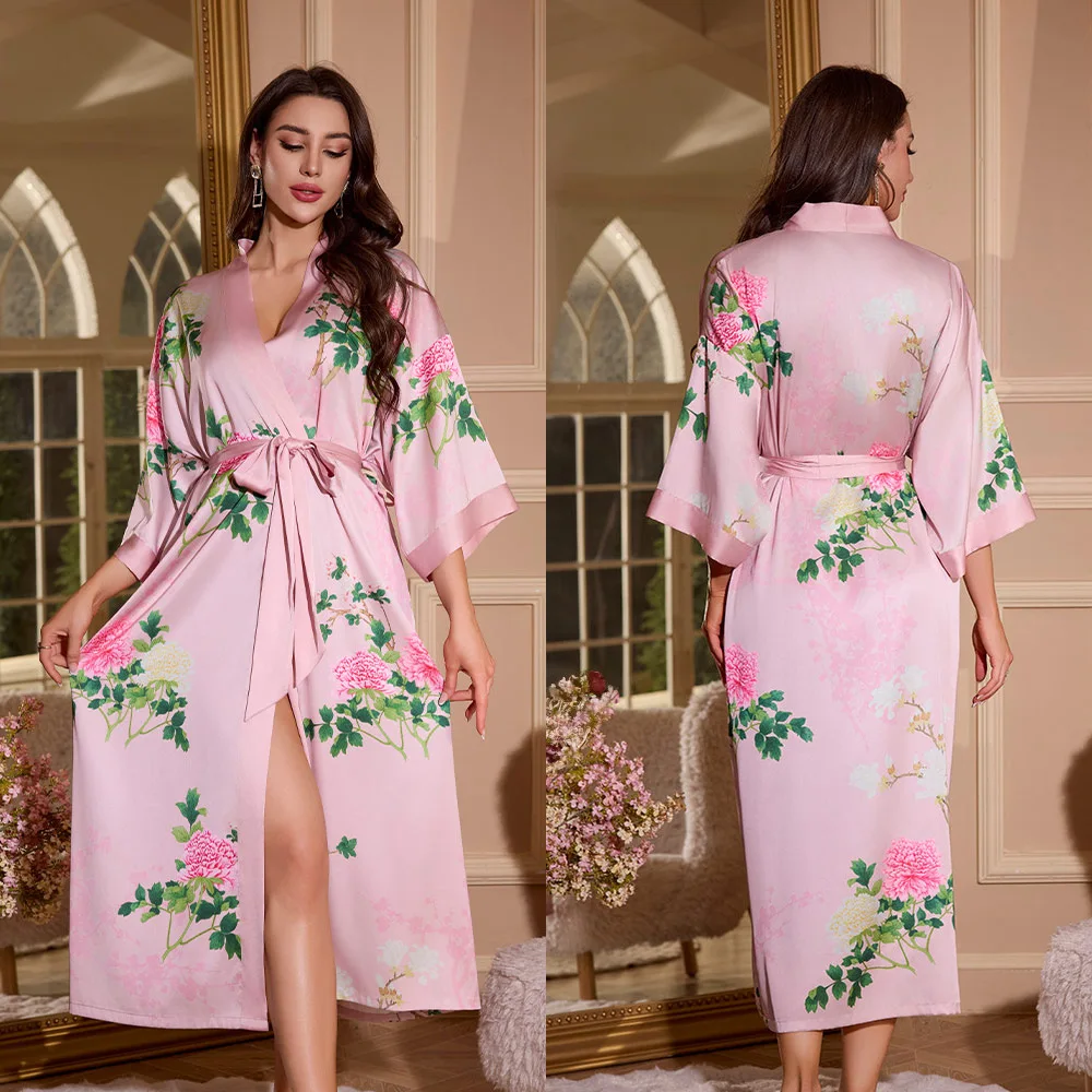 

Pink Flower Print Homewear Satin Kimono Intimate Lingerie Lady Long Bathrobe Gown Sexy V-Neck Loungewear Nightgown Sleepwear