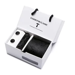 Hot Sale Black Paisley Necktie Pocket Square Cufflinks Set For Men Formal Luxury Wedding Gravatas In Gift Box