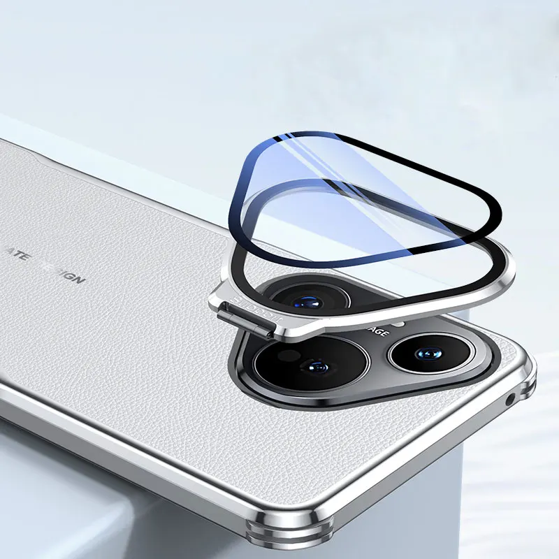 Etui z powłoką galwaniczną, metalowym uchwytem na obiektyw, skórzanym wykończeniem, odporne na wstrząsy, z narożnymi bumperami ochronnymi do Huawei Pura 70 Pro Plus i Pura 80 Ultra — zdjęcie produktu 3