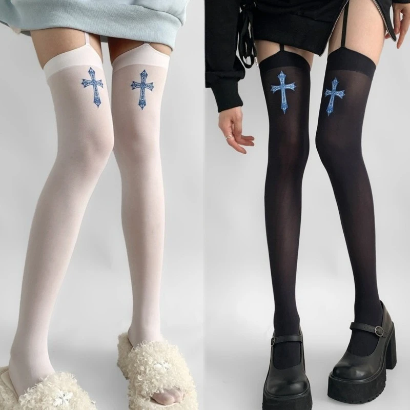 

Gothic Vintage Blue Cross Print Garter Pantyhose Women Spring Summer Sexy Sheer Thigh High Socks Punk Y2K Suspender Stockings