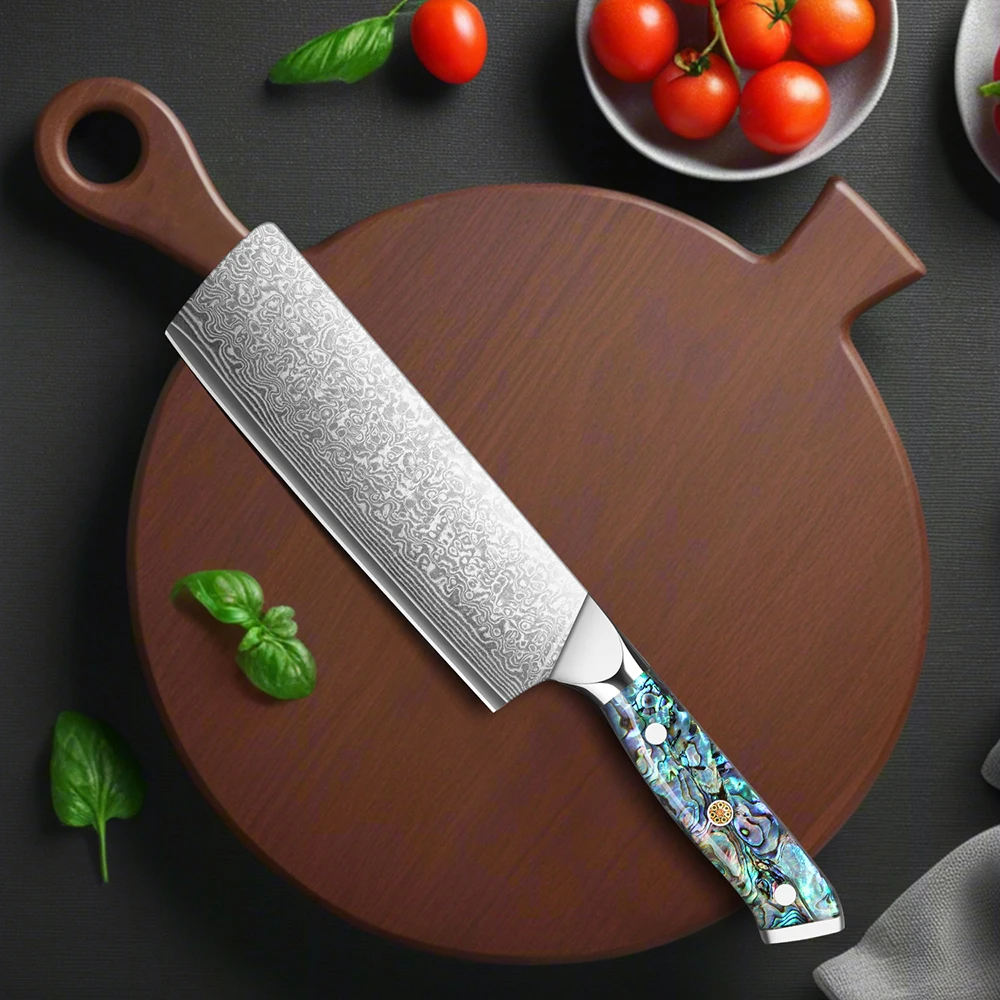 Nakiri, Kochmesser mit Damaszener Klinge, Küchenmesser, aus VG-10 Stahl, ideal zum Schneiden von Fleisch, Obst und Gemüse, für den Haushalt – Detail 4
