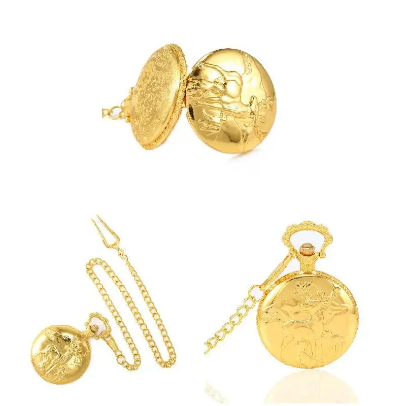 Orologi da tasca in oro Animale Alce Cervo Orologio meccanico al quarzo Collana con ciondolo Orologio a catena Regalo di alta qualità