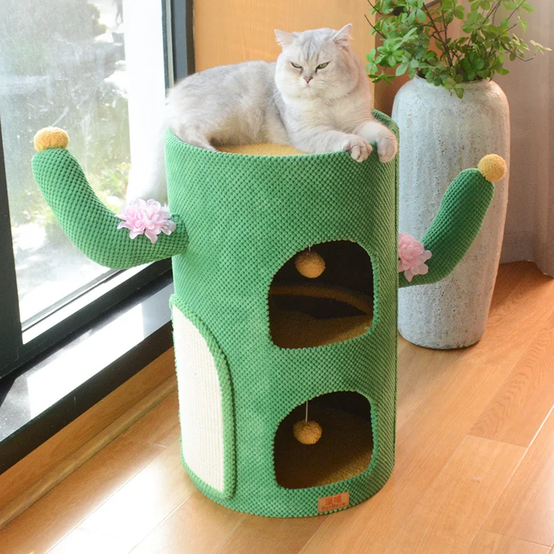 Cactus shape design cat tree tower scraping sisal board multi-level nest pet climbing tree furniture