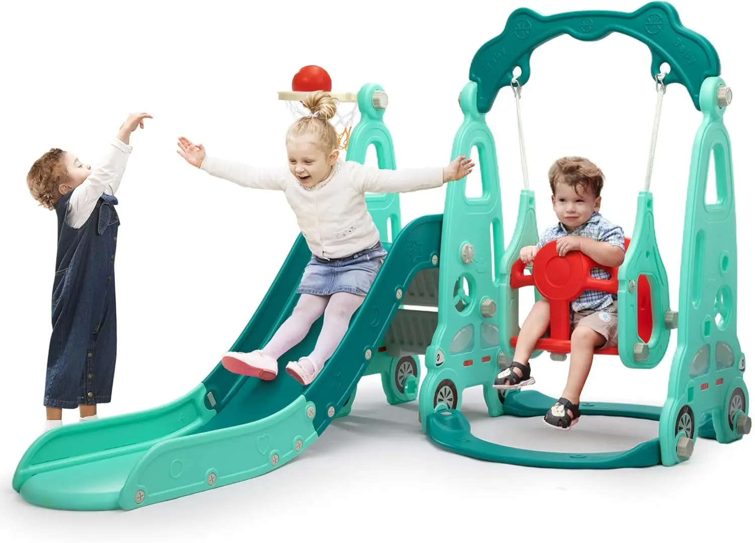 Set altalena per scalatore di diapositive 4 in 1, set da gioco per scalatore di diapositive per bambini indipendente con canestro da basket, parco giochi per bambini all'aperto per interni