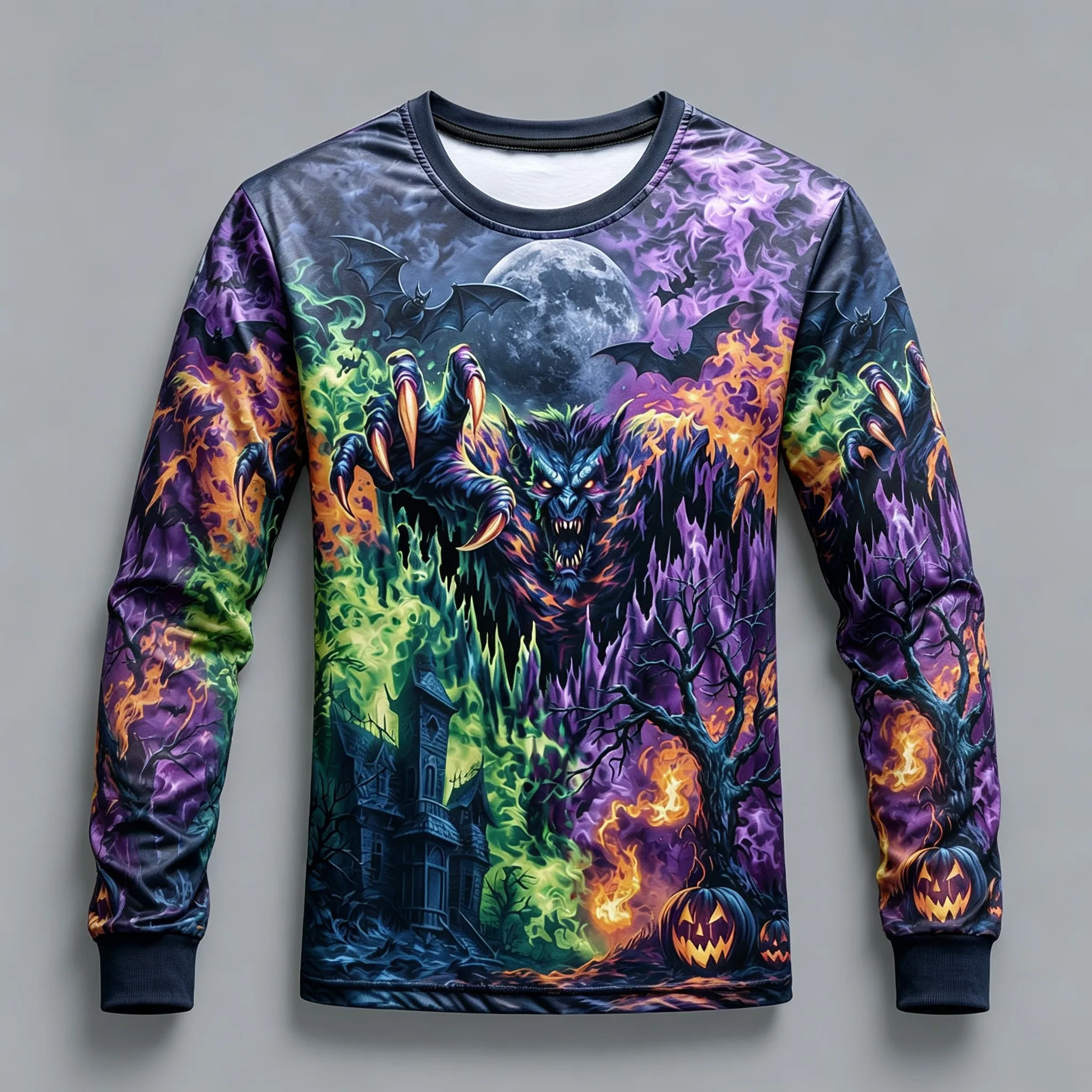Men's Long Sleeve T-Shirt Halloween Horror Clown Pumpkin Werewolf 3D Print Crew Neck Casual Tops