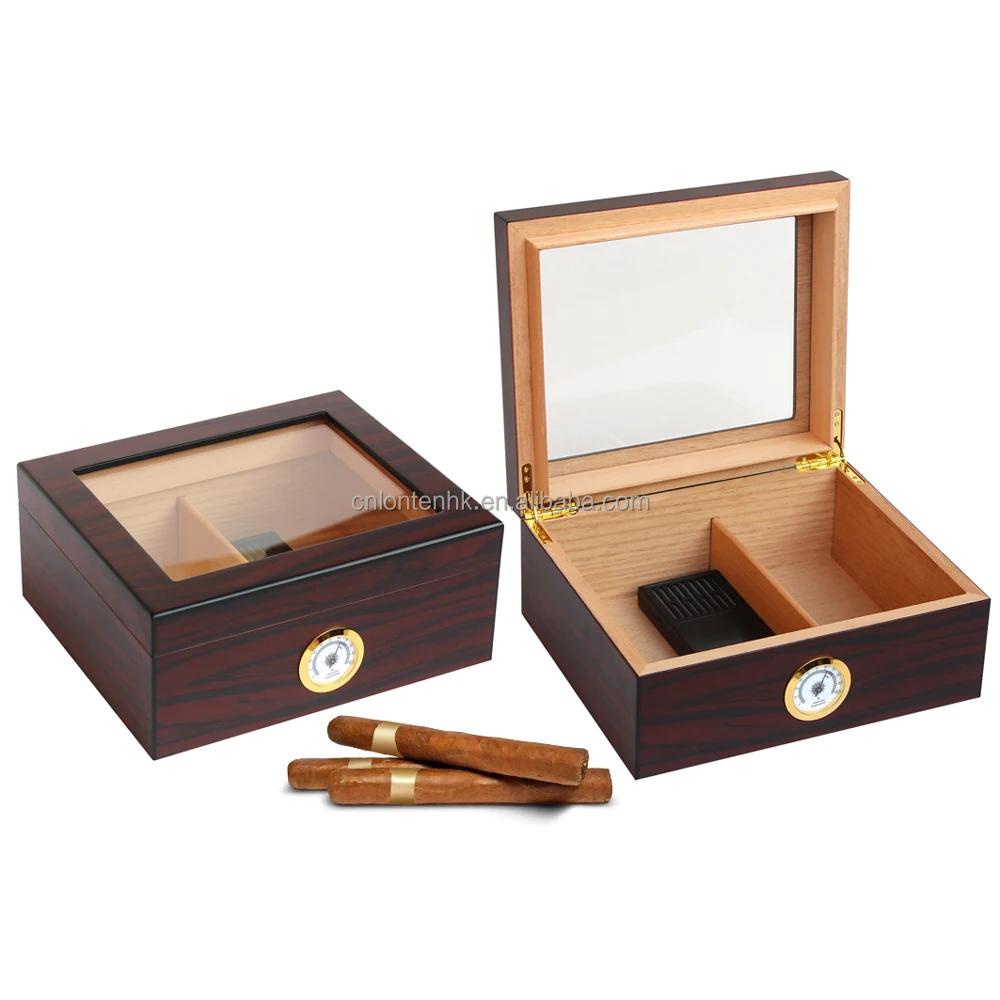 

wholesale custom spanish cedar wooden box with hygrometer humidifier solution desktop glass cigar humidor