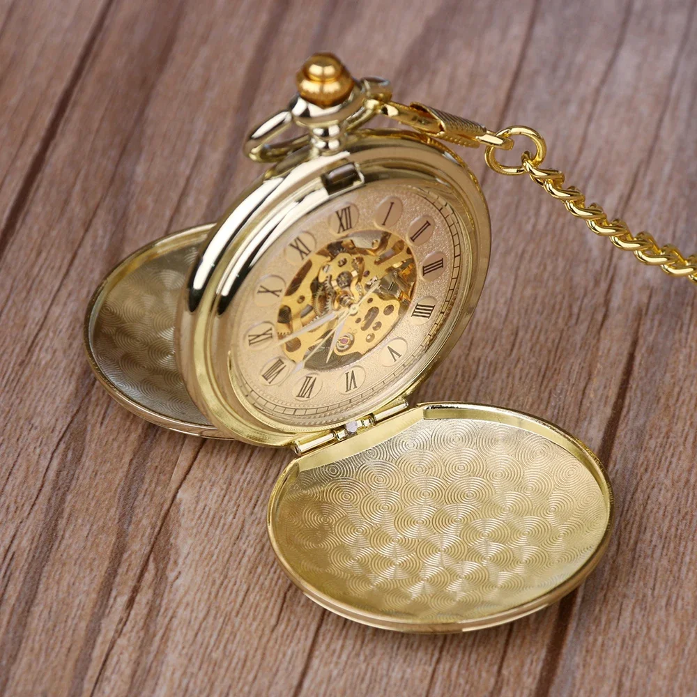 Retro Golden Pocket&Fob Watches Full Double Hunter Mechanical Pocket Watches Engraved Men Women Pocket Watch Chain nurse horloge