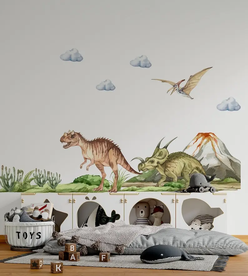 dinosaur wall decal big set, Jurassic World in boy room, dinosaur stickers, dinosaur wall art, kids wall sticker, dinosaur decor