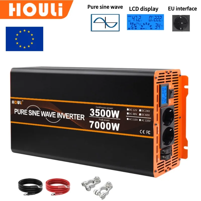 HOULI Inverter Pure Sine Wave Power Inverter 5000W DC 12V/24V/48V to AC 220V Converter LED Display and EU Socket