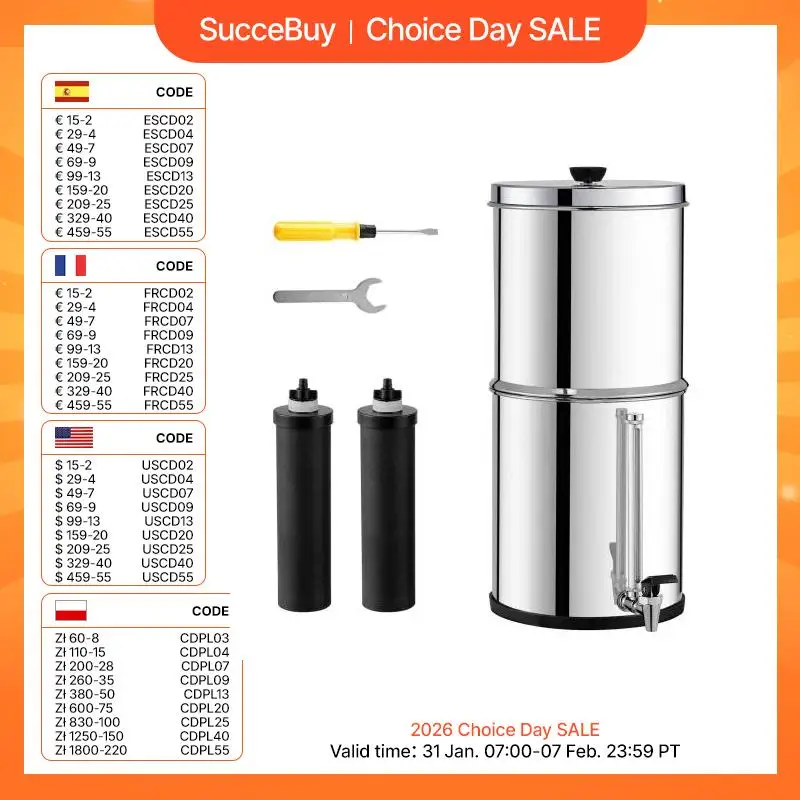 VEVOR Sistema de Filtración de Agua por Gravedad 8,5 L Sistema de Encimera Acero Inoxidable Reduce Plomo y hasta 99% de Cloro con 2 Filtros de Carbón y Grifo Nivel de Agua Visible para Camping