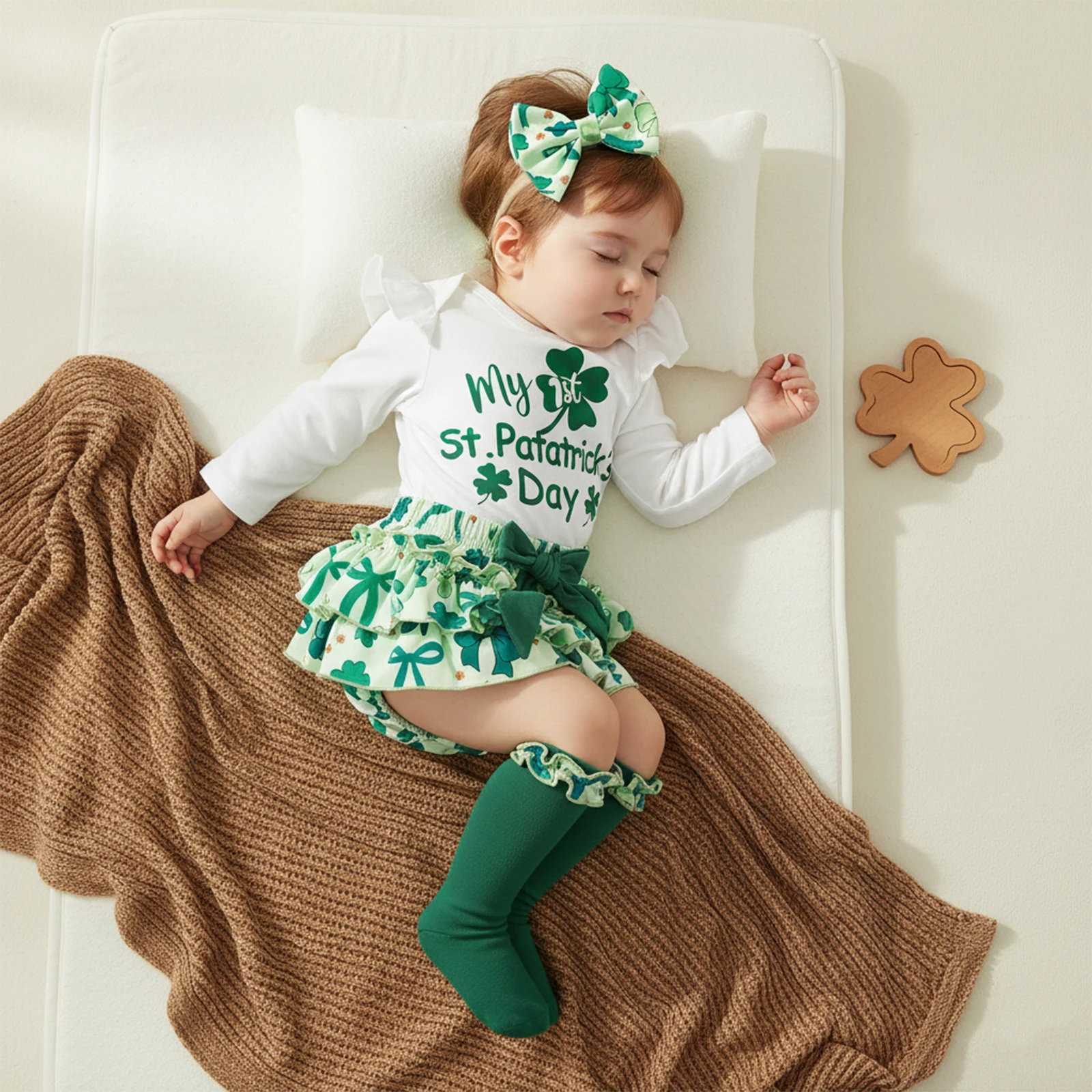 طفل الفتيات عيد القديس باتي الزي كم طويل شامروك طباعة رومبير + شورت + عقال + الجوارب مجموعة ملابس الرضع