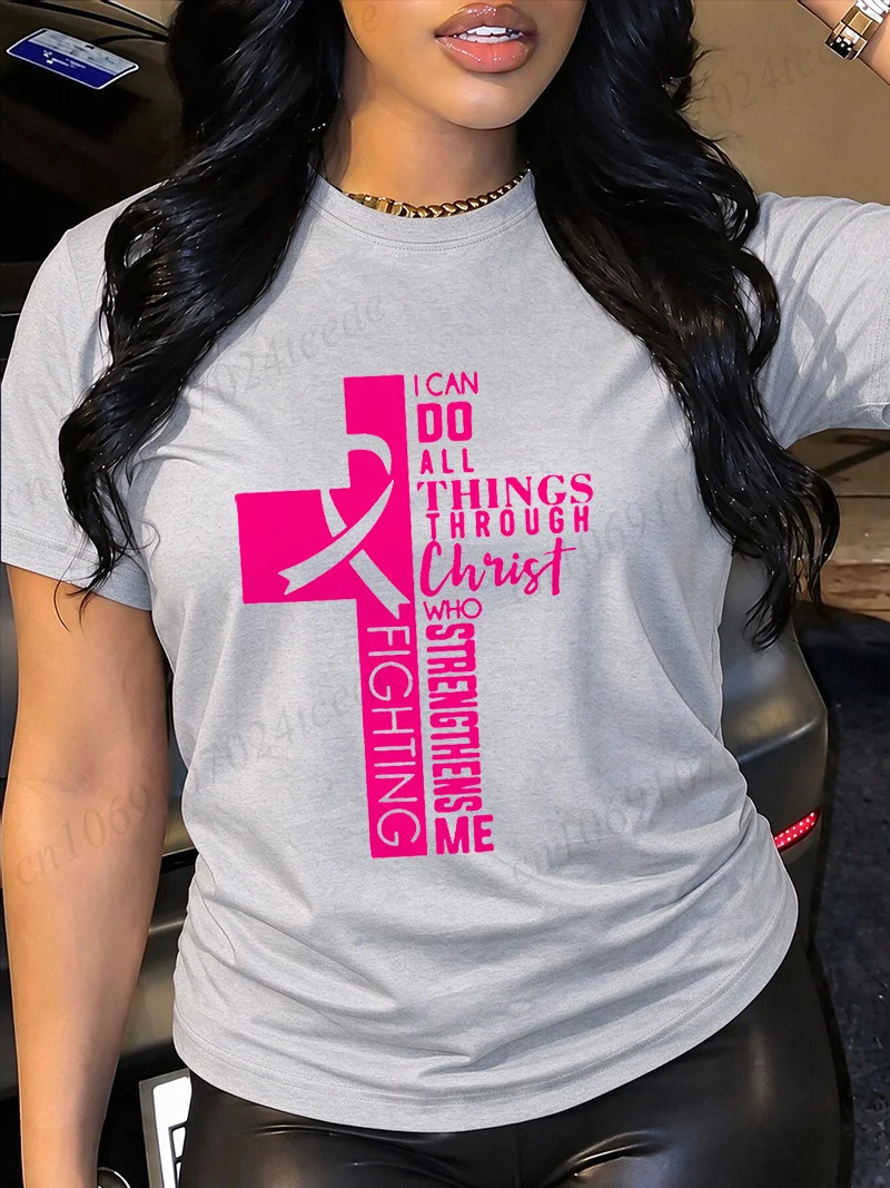 Breast Cancer Awareness Shirts,pink Ribbon Shirt,I Can Do All Things Through Christ Graphic Tshirt,Survivor Faith T-Shirts Gift