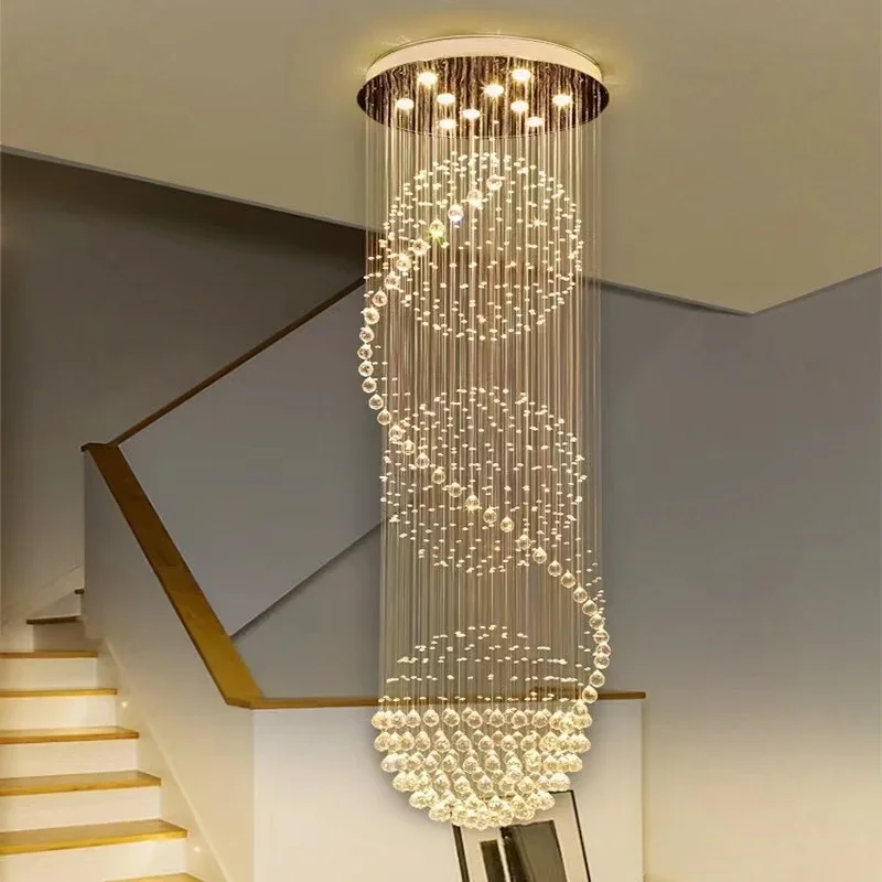 modern crystal spiral chandelier iluminacao escadaria long loft lights raindrop for villa hall and living room ball 01