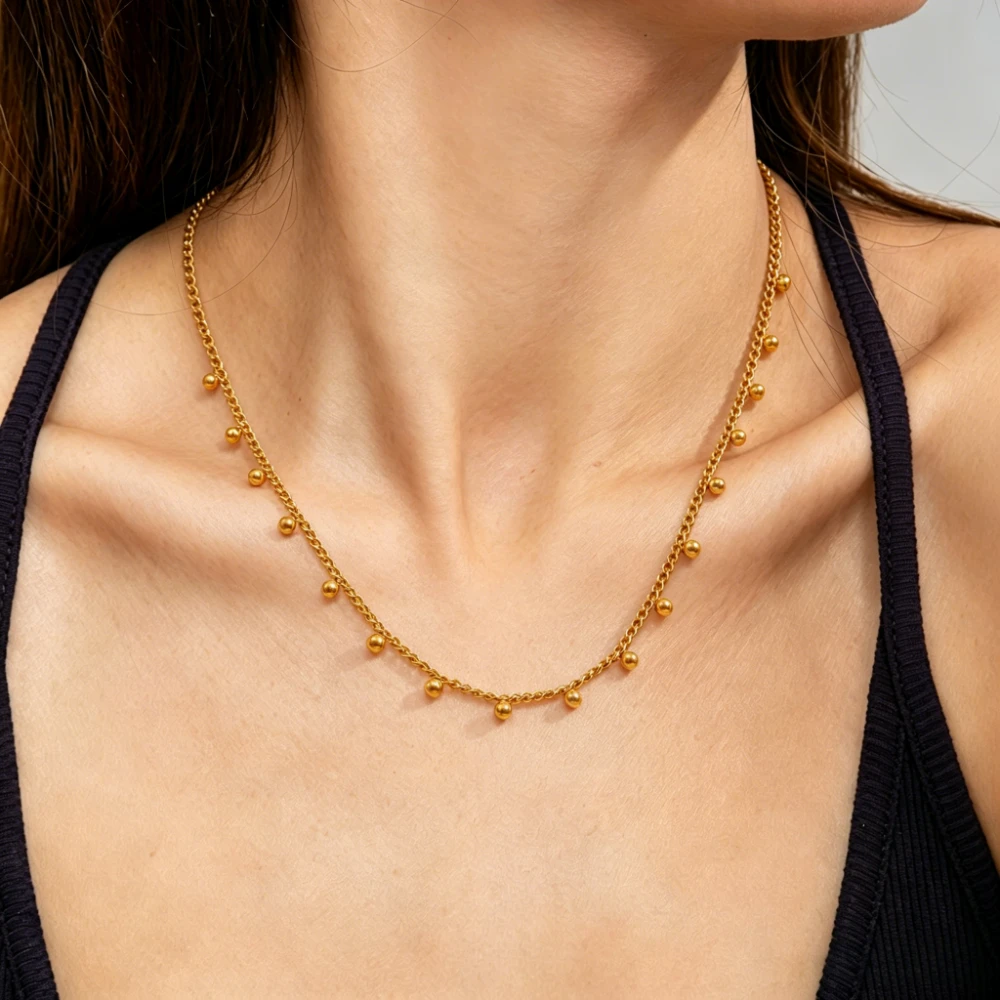 Side Dangling Tiny Bead Twist Chain Choker 316 Stainless Steel Gold Tassel Ball Minimal Plain Necklace