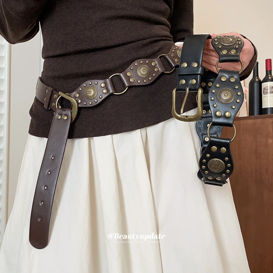 Vintage Punk Distressed Metal Plate Wide Belt Antique Bronze Finish Wavy Edges Medallion Studded Faux Leather Waist Strap