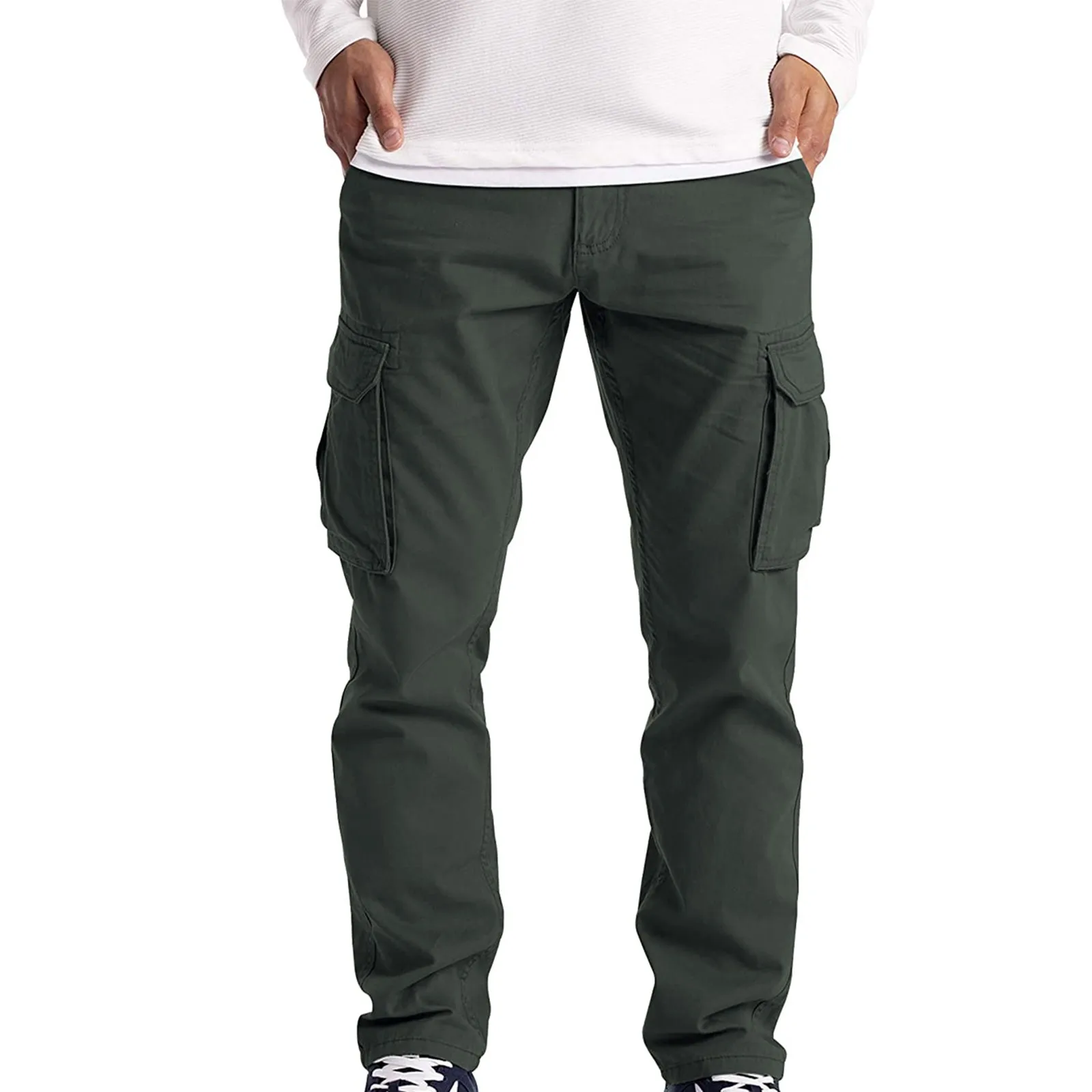 

Men Solid Color Cargo Pants Straight Pants Casual Trousers Male Tactical Loose Multi-Pocket Sweatpants