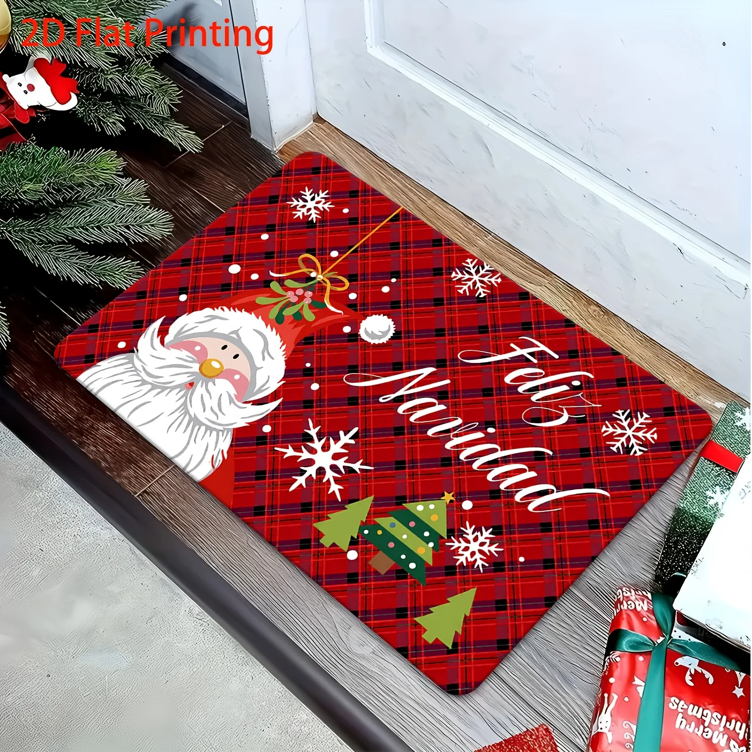 Red Brick Style Christmas Tree Doormat Snowflake Bauble Print Entryway Floor Mat for Front Door Indoor Xmas Holiday Home Decor