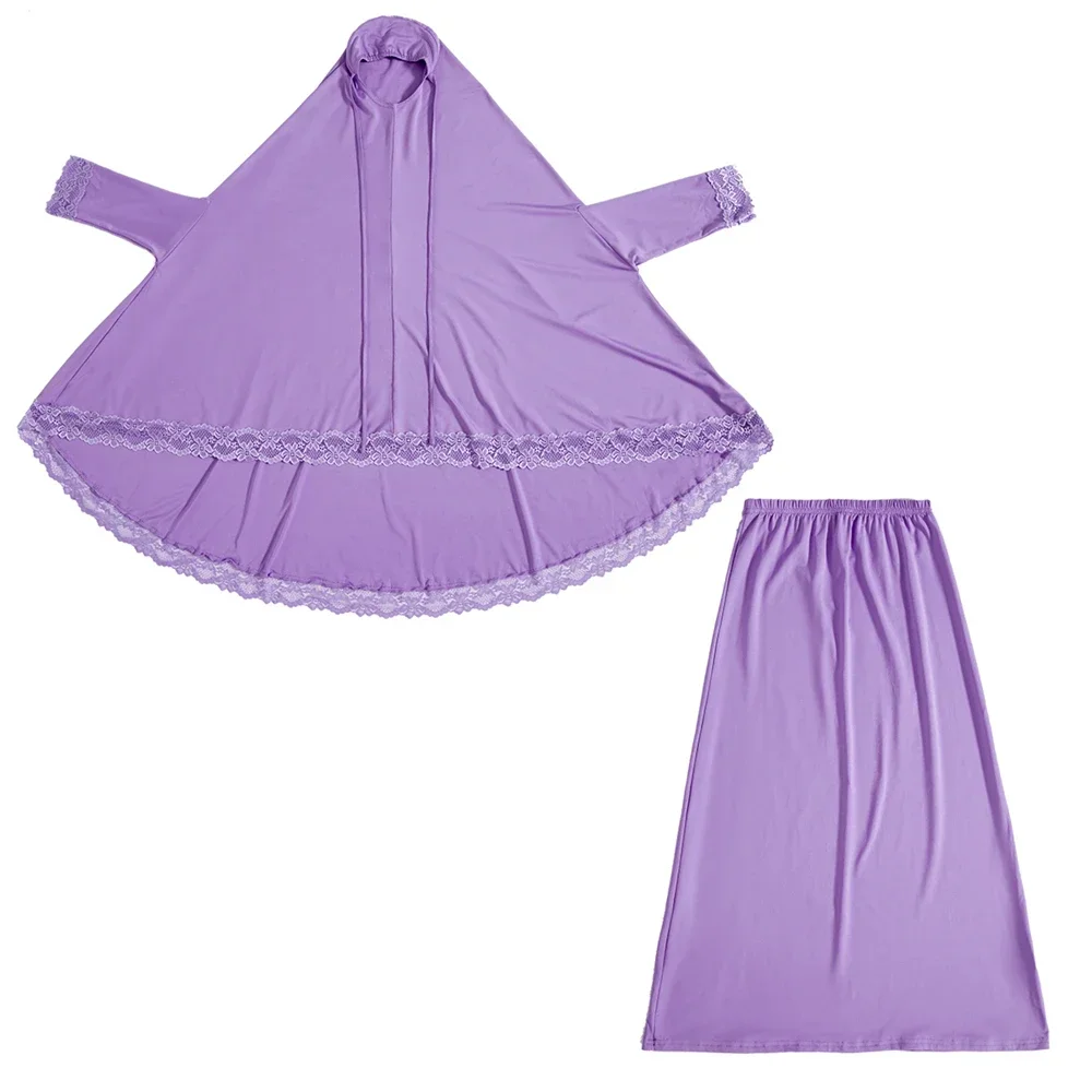 2 pezzi Ramadan ragazze musulmane bambini pizzo con cappuccio Hijab Abaya Robe Khimar top gonna a tubo indumento di preghiera islamico Eid Burqa abito caftano