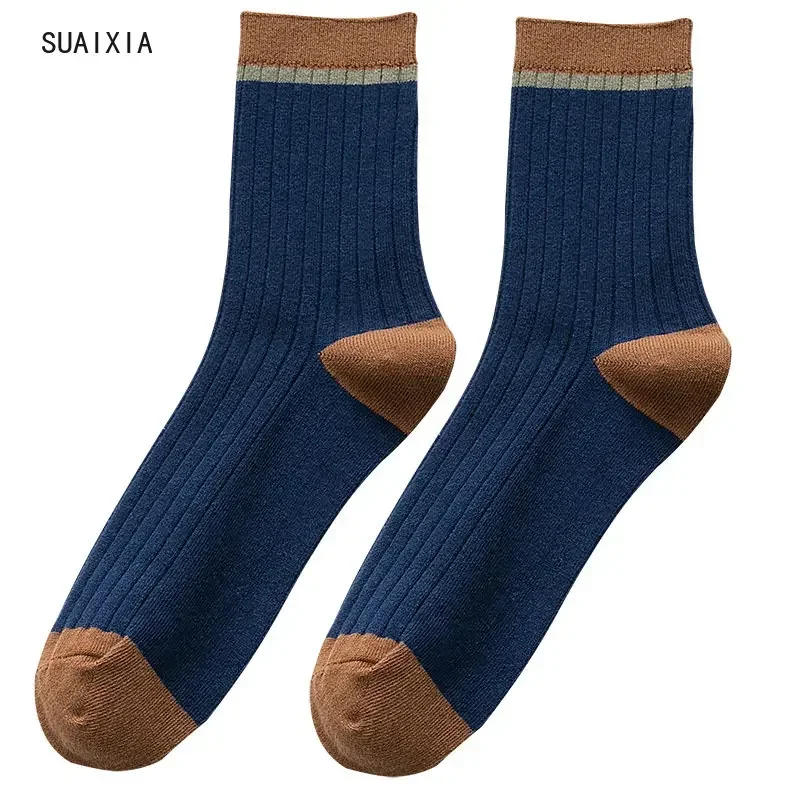 Double illac-Chaussettes de sport à manches mi-longues pour hommes, coton solide, décontracté, saison de printemps et d'automne, adulte