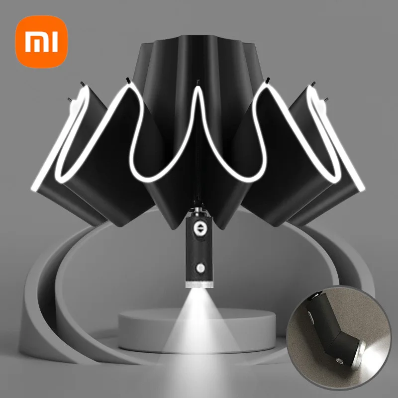 Xiaomi-Paraguas automático LED giratorio inteligente, linterna reflectante, a rayas, para lluvia, sol, Parasol de aislamiento grande