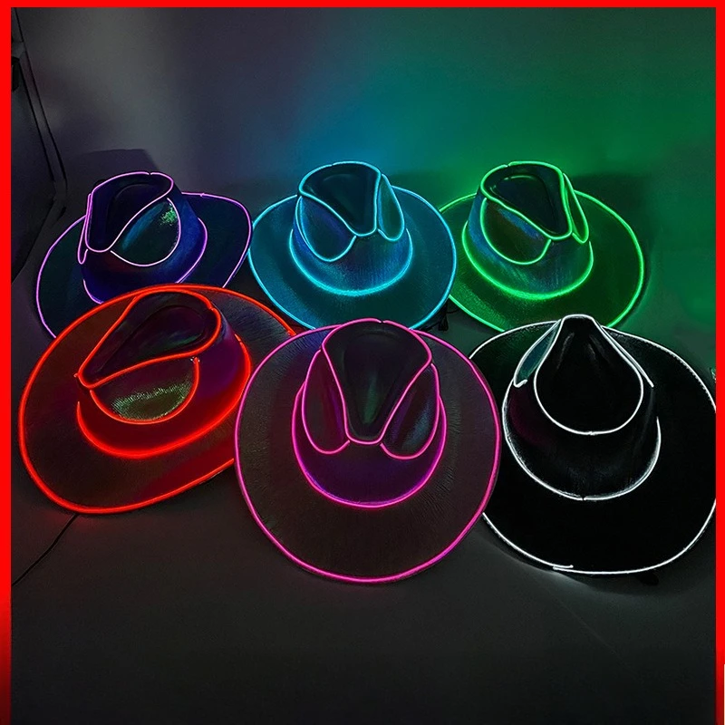Fluorescent Party Props Western Cowboy Hat Glowing LED Pearlescent Cowboy Cowgirl Hat Lighting Up for Carnival Party
