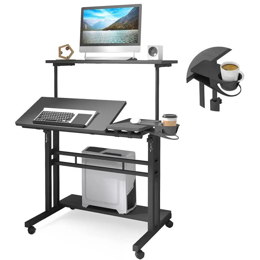 

Standing Desk, Adjustable Rolling Computer Desk with 3 Desktops, Portable Laptop Table with Cup Holder, Home Office Laptop Work