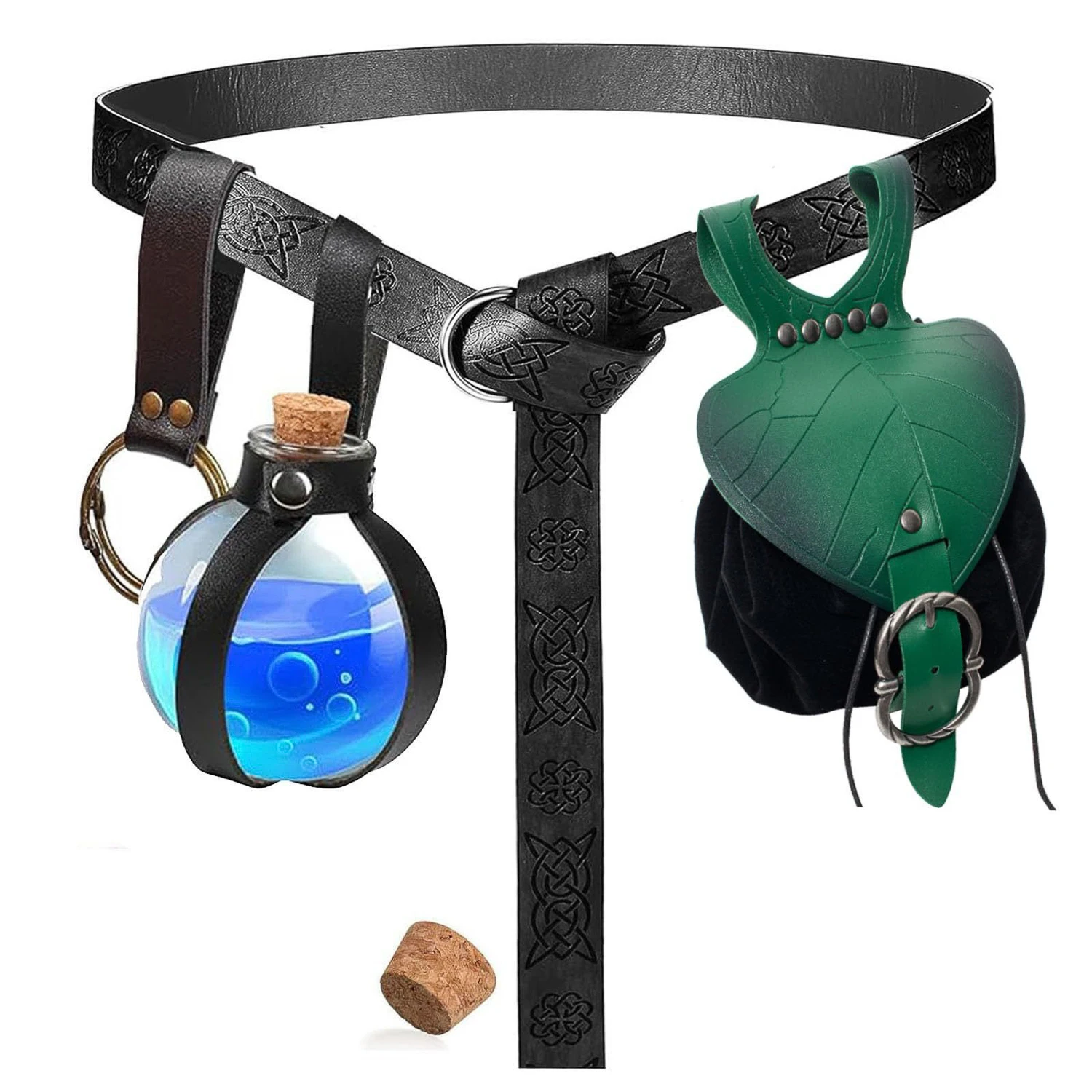 6PC Halloween Medieval Cosplay Costume Accessories Set Brown Leaf Belt Waist Bag And Skirt Clip Magic Bottle With Glass Bottle