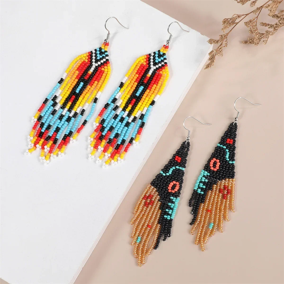 Beaded earrings Tassel Rainbow Gradient color Hand knitting Design Devil's eye Geometry Alloy Bohemia  Female Rice bead earrings