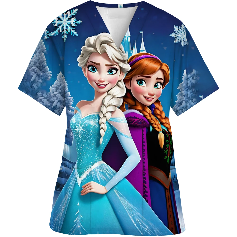 Fashion Disney Princess Print Hospital Uniform Nurse Beauty Dental Salon Work Clothes Customized Medical Matte Jogging Girl