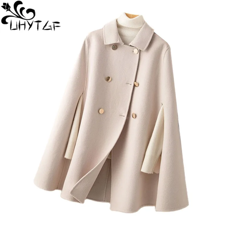 UHYTGF Mid Long Bat Cape Wool Coat Women High-End Double Sided Cashmere Autumn Jacket Female Fashion Casual Ladies Outewear 2029