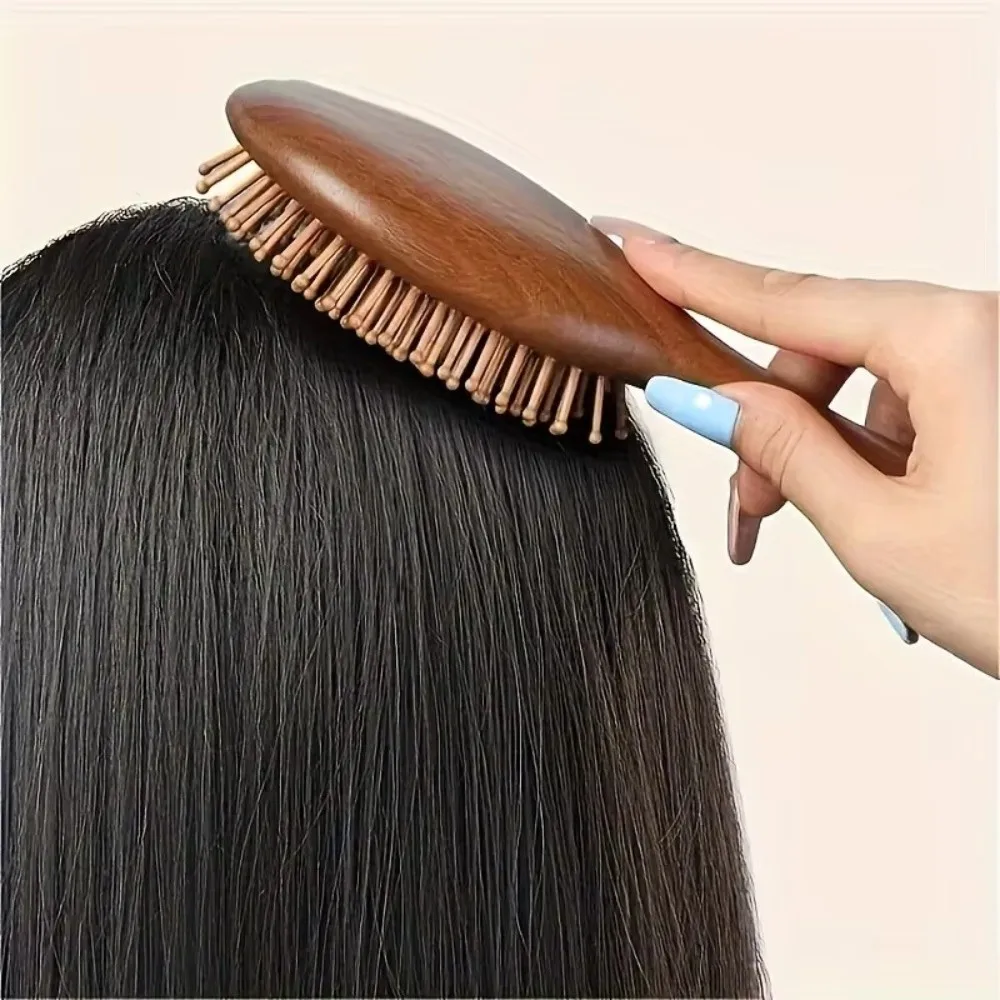 New Hand Carved Sandalwood Comb Wooden Oval Shape Air Cushion Comb Fine-Toothed Styling Brush Scalp Massage Brush
