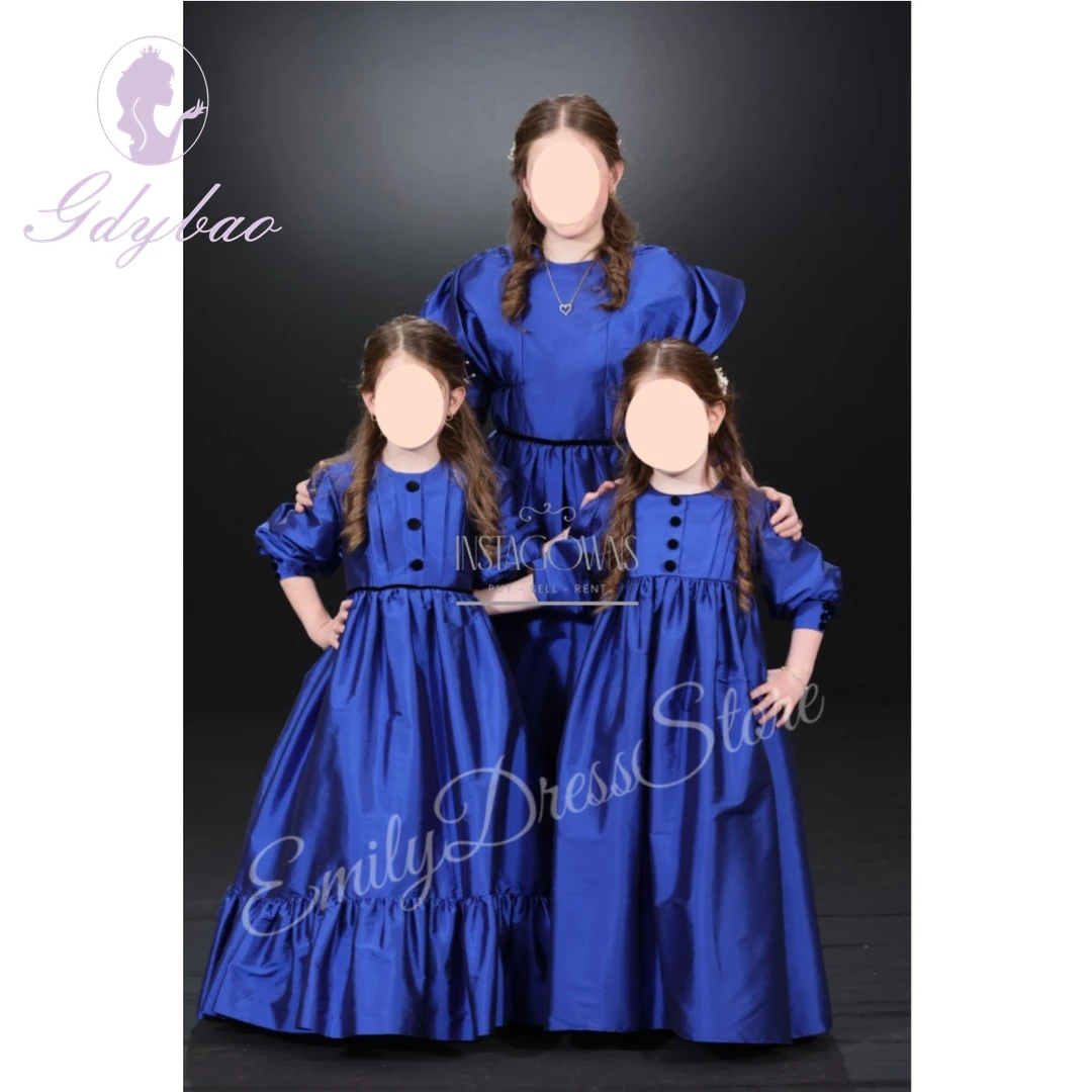 Royal Blue Satin Puffy Flower Girl Dress For Wedding 3/4 Sleeves O Neck First Communion Kids Birthday Party Dress Ball Gown