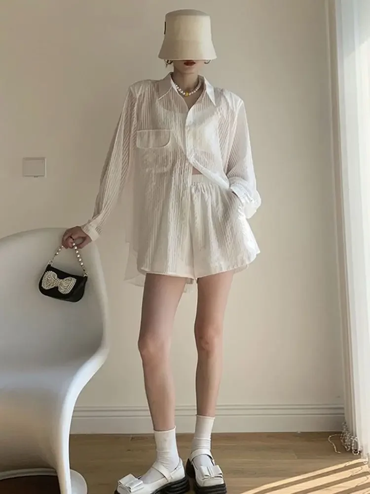 

Loose Female Shorts Stripes Work Wear Sun Protection Shirts & Blouses Wide Korean Style New Products Women's Short Sets 2 Pieces